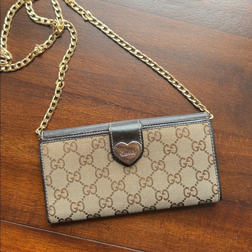 Authentic Gucci Heart Accent Brown and Beige Logo Long Wallet